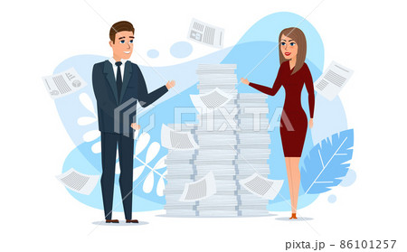 Workers man and woman engaged in work with documents on the background of large stacks of papers. Paper work. People business concept. Cartoon flat vector illustration isolated on white. 86101257
