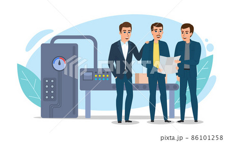 Industrial workers characters in the factory near the assembly line and equipment. Engineers look at the work plan. Concept for website banner advertising. Cartoon flat illustration isolated on white. 86101258