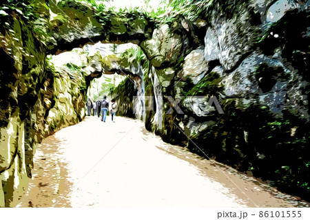 Illustration. Picturesque alley with stone arches in park of Quinta da Regaleira, Sintra, Portugal. 86101555