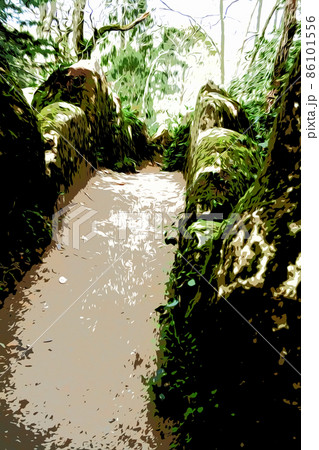 Illustration. Picturesque alley with stone arches in park of Quinta da Regaleira, Sintra, Portugal. 86101556