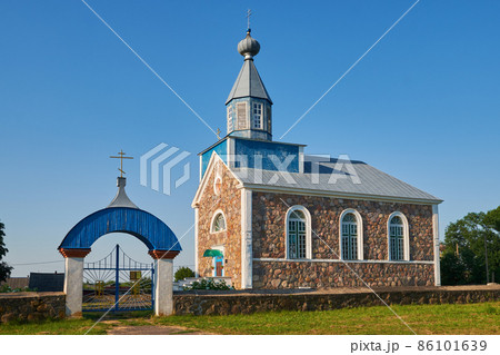 Old ancient orthodox church of the Intercession of the Blessed Virgin Mary at summer. Benitsa, Belarus. Old ancient orthodox church of the Intercession of the Blessed Virgin Mary at summer. Benitsa, Belarus. 86101639