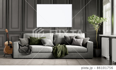 Modern interior of a room with an empty painting. Sofa and large window, wooden floor and wall. Clean lines of interior design. 3D rendering Modern interior of a room with an empty painting. Sofa and large window, wooden floor and wall. Clean lines of interior design. 3D rendering 86101756