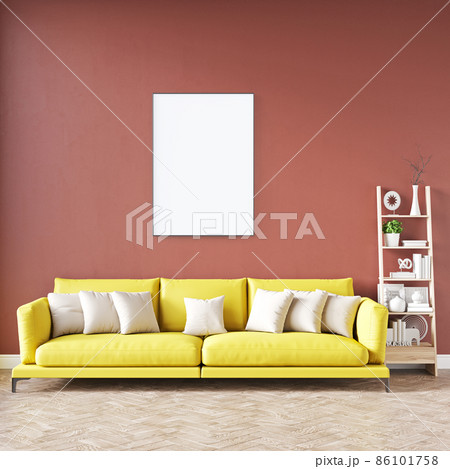 Modern interior of a room with an empty painting. Sofa and large window, wooden floor and wall. Clean lines of interior design. 3D rendering Modern interior of a room with an empty painting. Sofa and large window, wooden floor and wall. Clean lines of interior design. 3D rendering 86101758