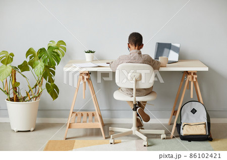 Boy Studying at Home Back View Boy Studying at Home Back View 86102421