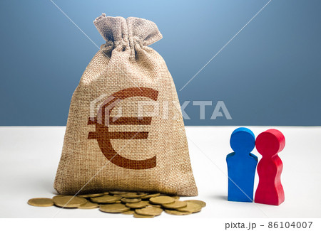 Couple figurines and euro money bag. Social policy to encourage family creation. Segmentation. Marketing and targeting. Demographic grant. Investments. Budget. Social research, consumer preferences. 86104007