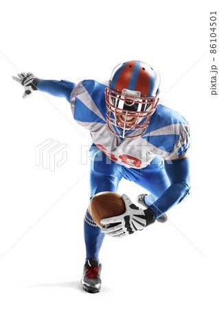 American football. Young agile american football player running fast towards goal line. Sports emotions. Sportsman in action 86104501