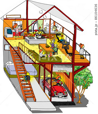 家族や親戚が集う快適で楽しい住宅のイラストのイラスト素材