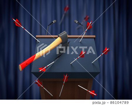 Critics and disagreement with politician speech on debates concept. Tribune with axe and arrows. 86104789