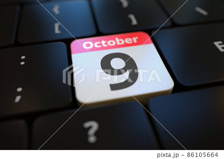 October 9 date on a keyboard key, 3d rendering 86105664