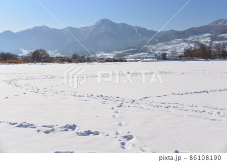 グラウンドの雪原と冠着山 86108190