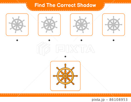 Find the correct shadow. Find and match the correct shadow of Ship Steering Wheel. Educational children game, printable worksheet, vector illustration Find the correct shadow. Find and match the correct shadow of Ship Steering Wheel. Educational children game, printable worksheet, vector illustration 86108953