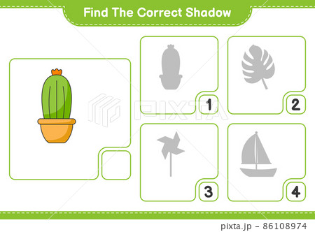 Find the correct shadow. Find and match the correct shadow of Cactus. Educational children game, printable worksheet, vector illustration Find the correct shadow. Find and match the correct shadow of Cactus. Educational children game, printable worksheet, vector illustration 86108974