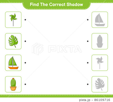 Find the correct shadow. Find and match the correct shadow of Pinwheels, Cactus, Monstera, and Sailboat. Educational children game, printable worksheet, vector illustration Find the correct shadow. Find and match the correct shadow of Pinwheels, Cactus, Monstera, and Sailboat. Educational children game, printable worksheet, vector illustration 86109716
