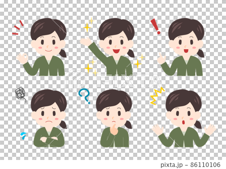 人物イラスト 上半身セット: 若い女性 一つ結びヘア  86110106