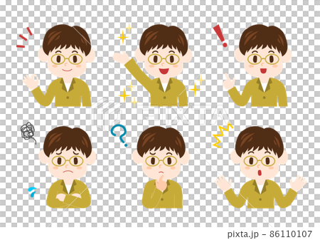 人物イラスト 上半身セット: 若い男性 メガネ 86110107