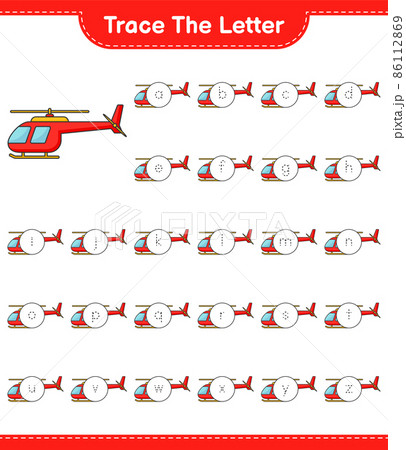 Trace the letter. Tracing letter alphabet with Helicopter. Educational children game, printable worksheet, vector illustration 86112869
