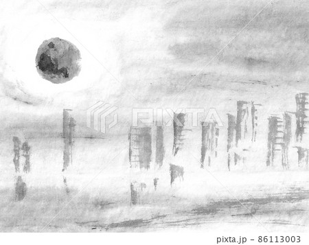 夜空の月の風景背景モノクロイラスト（墨の手描きイラスト） 86113003