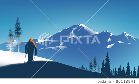 Scenery vector illustration of a skier is walking on the snow slope with a beautiful mountain in the background 86113941