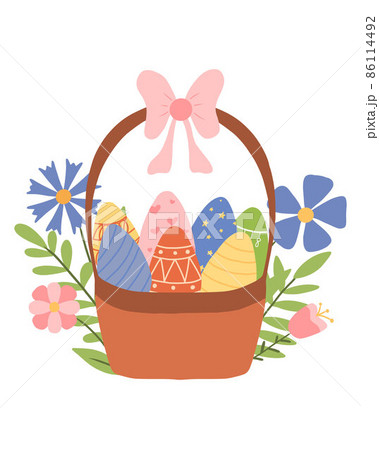 Illustration of a basket with a bow and easter eggs. Vector illustration. Cute illustration of a basket with decorated eggs. 86114492