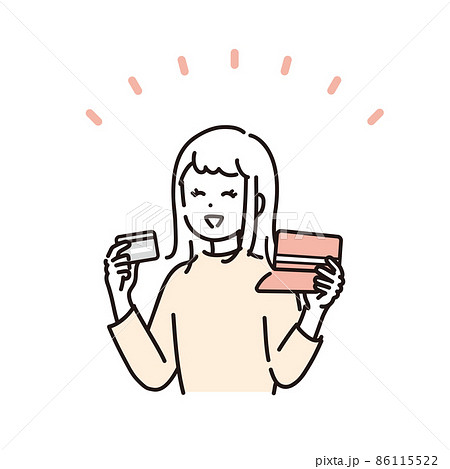 カードと通帳を見比べて安心する女性のイラスト素材 86115522