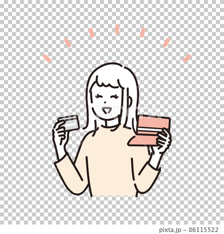 カードと通帳を見比べて安心する女性のイラスト素材 86115522