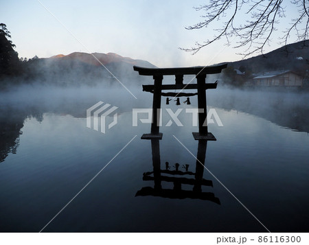 湯布院・金鱗湖の幻想的な朝霧 86116300