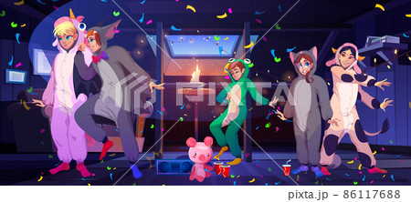 People dance on pajama party on house attic 86117688