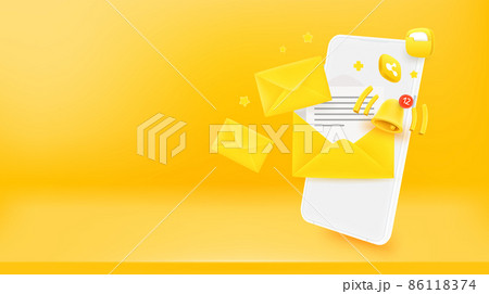 Sending and receiving messages via modern mobile phone. 3d vector banner with copy space Sending and receiving messages via modern mobile phone. 3d vector banner with copy space 86118374