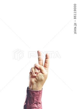 Hand of man showing fingers over isolated white background counting number 2 showing two fingers, gesturing victory 86119000