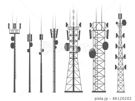 Transmission cellular towers silhouette. Mobile and radio communications towers with antennas for wireless connections. Outline vector illustrations set 86120202