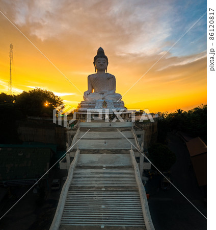 Aerial view of Big Buddha viewpoint at sunset in Phuket province, Thailand 86120817