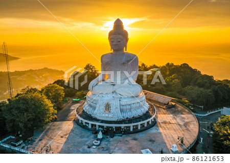 Aerial view of Big Buddha viewpoint at sunset in Phuket province, Thailand Aerial view of Big Buddha viewpoint at sunset in Phuket province, Thailand 86121653