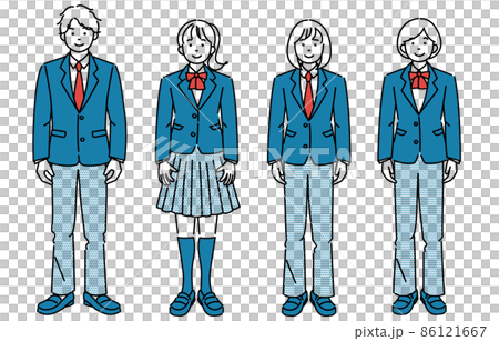 A simple illustration set of students wearing various types of school uniforms such as slacks and skirts and standing facing the front 86121667