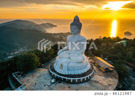Aerial view of Big Buddha viewpoint at sunset in Phuket province, Thailand Aerial view of Big Buddha viewpoint at sunset in Phuket province, Thailand 86121987