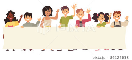 Kids hold blank banner or poster, waving hand, greeting gesture in flat vector Kids hold blank banner or poster, waving hand, greeting gesture in flat vector 86122658