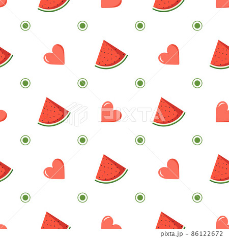 Cute seamless pattern with watermelon, circles and hearts. Festive bright print, valentine day or summer decoration for wrapping paper, textile and design. Vector flat illustration Cute seamless pattern with watermelon, circles and hearts. Festive bright print, valentine day or summer decoration for wrapping paper, textile and design. Vector flat illustration 86122672