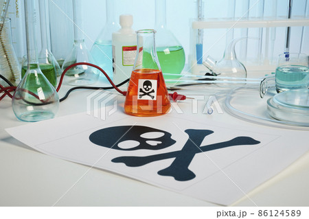 Chemical Lab Desk with Poison Liquids in Flasks Chemical Lab Desk with Poison Liquids in Flasks 86124589