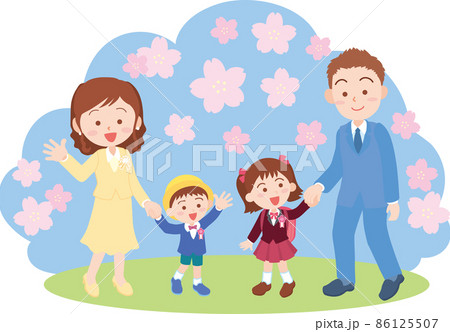 入学式入園式_4人家族_青色と桜の背景あり. 入学式入園式_4人家族_青色と桜の背景あり. 86125507