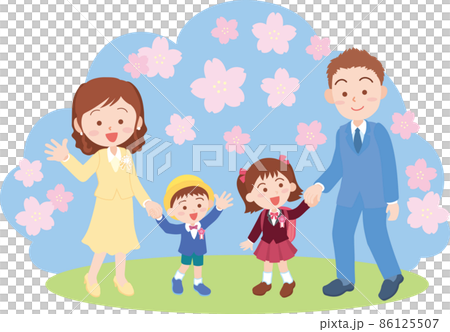 入学式入園式_4人家族_青色と桜の背景あり. 入学式入園式_4人家族_青色と桜の背景あり. 86125507