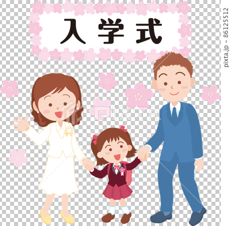 入学式_手を繋いだ3人家族_横看板入り 入学式_手を繋いだ3人家族_横看板入り 86125512