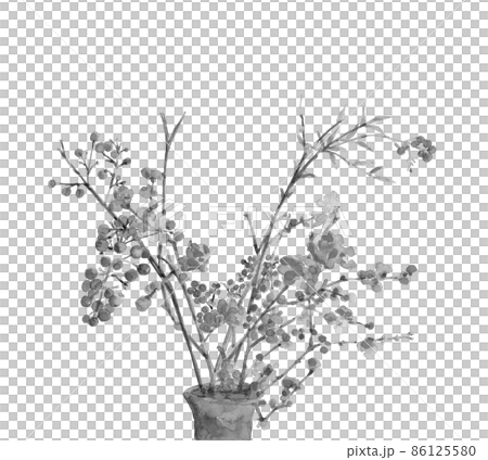花瓶に生けたロウバイとナンテン モノトー【水墨画風水彩画】 白バック