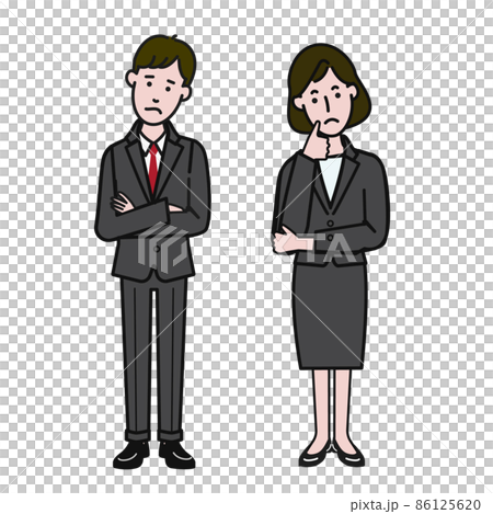 困った顔をした若いスーツをきた男女カップルの白背景に線画の動画にも使えるシンプルなイラスト 86125620