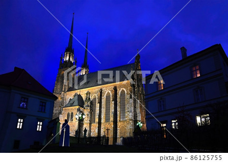 Petrov, Cathedral of St. Peter and Paul. City of Brno - Czech Republic - Europe. Night photo of beautiful old architecture. Petrov, Cathedral of St. Peter and Paul. City of Brno - Czech Republic - Europe. Night photo of beautiful old architecture. 86125755