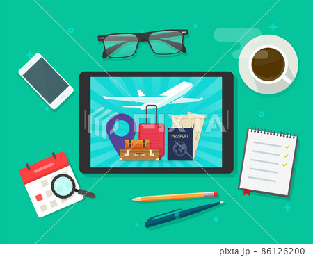 Trip or travel planning checklist vector flat lay or online booking tickets of holiday vocation on tablet computer and check list cartoon illustration, organizing adventure flight and tour accessories Trip or travel planning checklist vector flat lay or online booking tickets of holiday vocation on tablet computer and check list cartoon illustration, organizing adventure flight and tour accessories 86126200