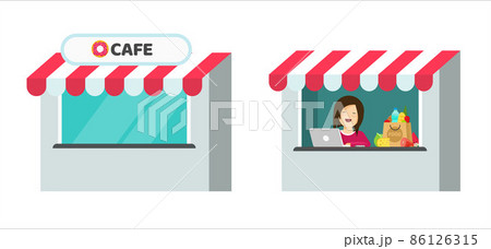 Storefront building isolated of small store boutique flat style vector and shop front kiosk facade of restaurant or grocery cafe with saleswoman assistant cartoon, seller worker in local shopfront Storefront building isolated of small store boutique flat style vector and shop front kiosk facade of restaurant or grocery cafe with saleswoman assistant cartoon, seller worker in local shopfront 86126315
