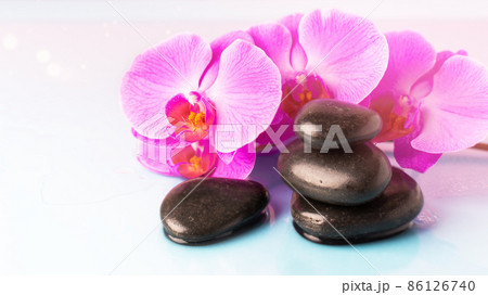 Orchid flower and black pebble spa stones over pink background. Beauty spa banner. Orchid flower and black pebble spa stones over pink background. Beauty spa banner. 86126740