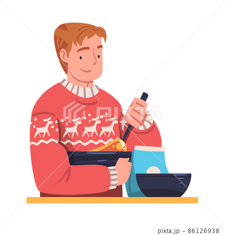 Young Man in Self-isolation Cooking Whisking Eggs in Bowl Vector Illustration 86126938