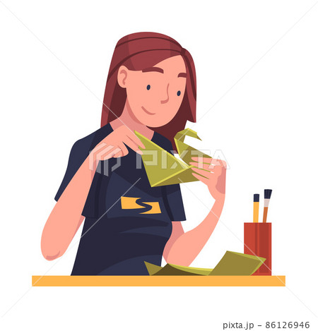 Young Woman in Self-isolation Doing Origami Folding Paper Figure Vector Illustration Young Woman in Self-isolation Doing Origami Folding Paper Figure Vector Illustration 86126946