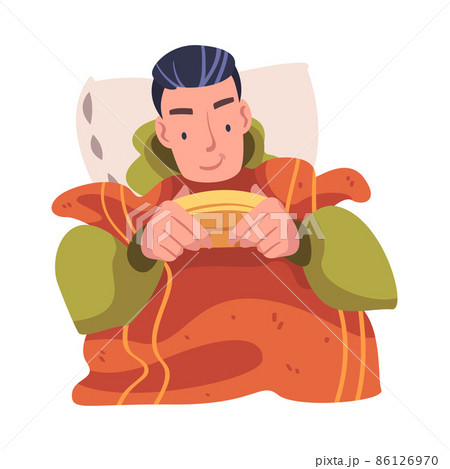 Young Man in Self-isolation Playing Interactive Game Sitting in Bed Vector Illustration 86126970
