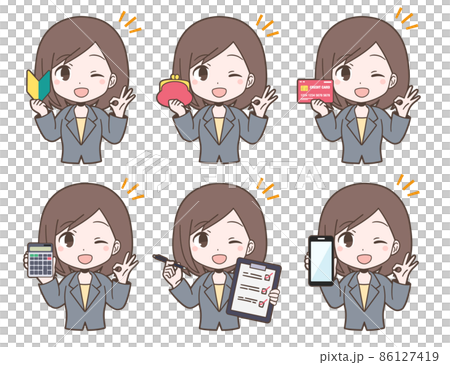 Facial expression set of a young woman in a business suit Facial expression set of a young woman in a business suit 86127419